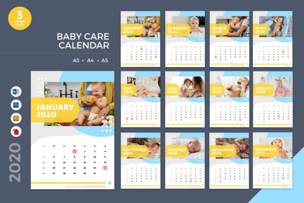 婴儿护理主题2020年日历表设计模板 Baby Care Calendar 2020 Calendar &#8211; AI, DOC, PSD