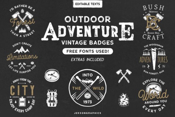 12款复古户外运动品牌Logo设计模板 12 Vintage Outdoor Adventure Logos / Retro Badges