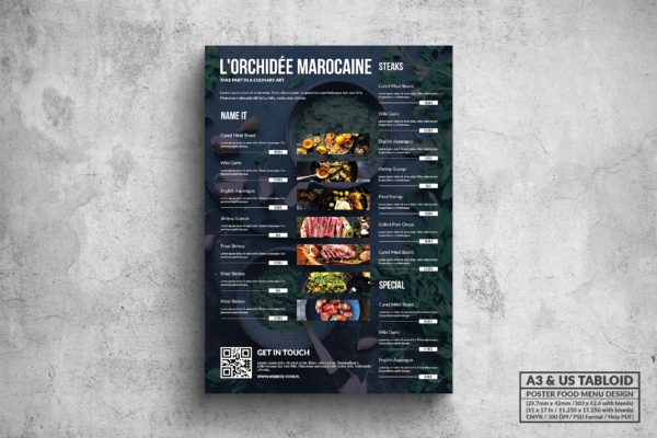 A3＆美国信纸尺寸西餐厅菜单海报设计模板 Elegant Food Menu &#8211; A3 &amp; US Tabloid Poster