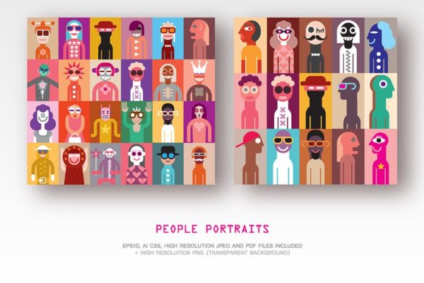 抽象手绘人物形象矢量插画素材 Set of People Portraits vector illustration