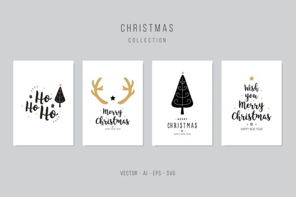 鹿角&#038;圣诞树手绘图案圣诞节贺卡矢量设计模板集v1 Christmas Greeting Vector Card Set