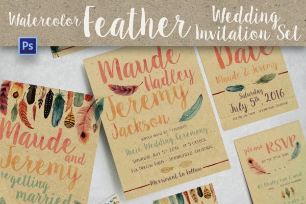 水彩羽毛婚礼邀请函设计PSD模板 Watercolor Feather Wedding Invitation