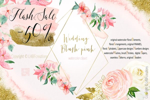 胭脂红水彩花卉元素，花环，花式字母… Blush pink bougainvillea