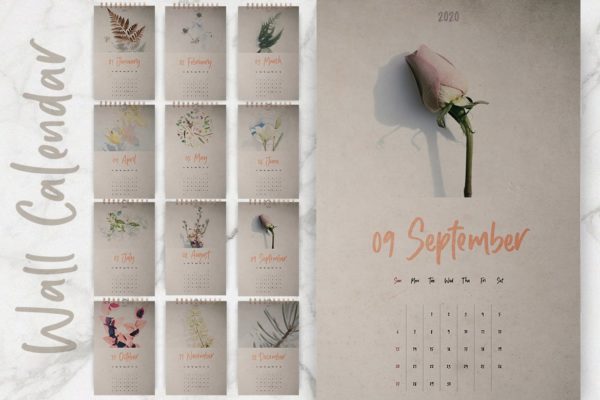 2020年植物花卉图案挂墙日历设计模板 Wall Calendar 2020 Layout