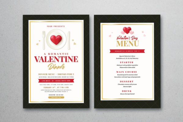 情人节主题套餐菜单设计模板 Valentine Dinner &amp; Menu Template