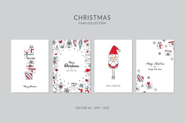 圣诞礼物手绘图案圣诞节贺卡矢量设计模板集v2 Christmas Greeting Card Vector Set
