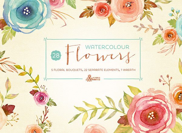 水彩花卉元素剪贴画素材包 Watercolor Flowers Pack
