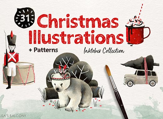 Christmas Illustration Inktober漂亮实用的圣诞节手绘插画素材合辑下载[psd,png]