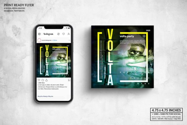 音乐先锋活动传单&amp;社交广告图设计模板 Volta Music Square Flyer &amp; Social Media Post