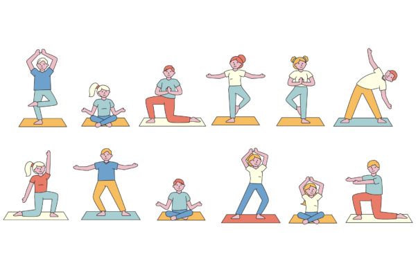 瑜伽训练人物形象线条艺术矢量插画素材 Yoga Lineart People Character Collection