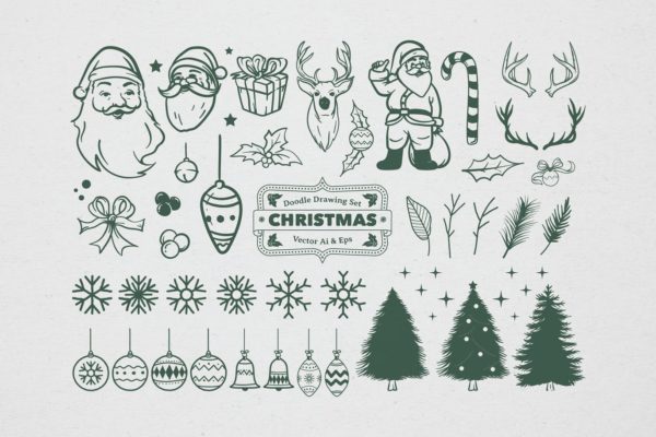 圣诞节主题矢量手绘设计素材[黑白风格] Christmas Drawing Set