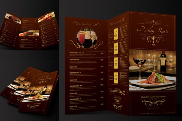 三折页西餐厅菜单设计模板 Elegant Restaurant Menu Trifold