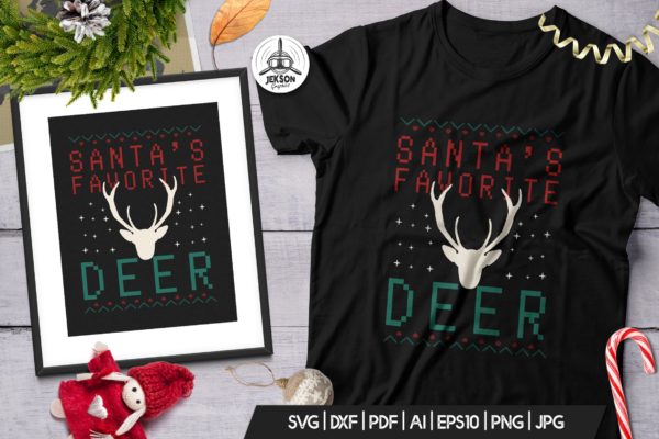 圣诞节主题T恤麋鹿头印花图案设计模板 Santa Favorite Deer, Christmas Print TShirt Design