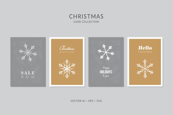 创意雪花手绘图案圣诞节贺卡矢量设计模板集 Christmas Greeting Card Vector Set