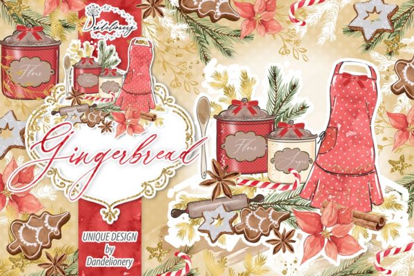 圣诞节节日主题水彩手绘剪贴画PNG素材 Christmas Gingerbread design