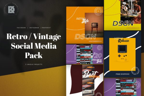 复古设计风格社交媒体设计素材包 Retro Vintage Social Media Pack