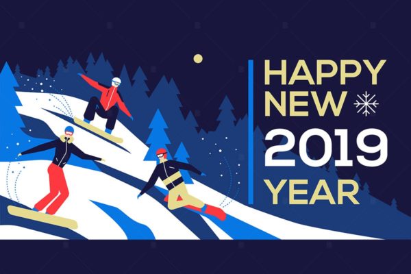 新年主题滑雪场景扁平设计插画素材 Happy new year 2019 &#8211; flat design illustration