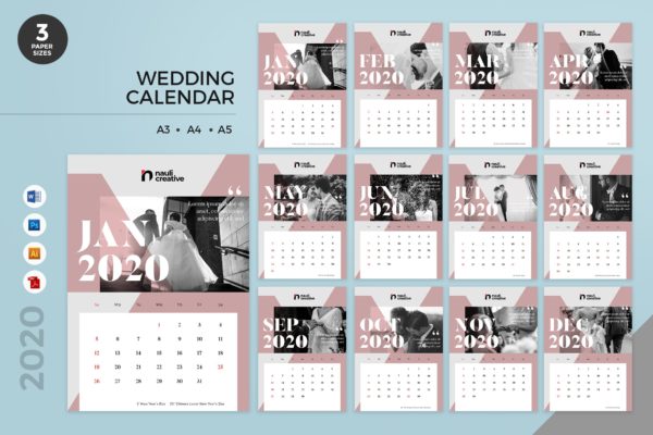 婚纱摄影主题2020年日历表定制设计模板 Wedding Calendar 2020 Calendar &#8211; AI, DOC, PSD