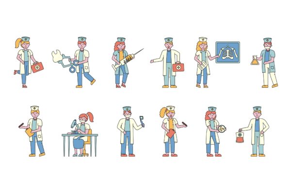 医院医疗人物形象线条艺术矢量插画16设计网精选素材 Medical Lineart People Character Collection