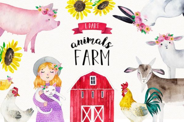 农场家畜动物水彩插画套装Vol.1 FARM ANIMALS watercolor set PART 1