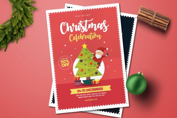圣诞树/圣诞老人/圣诞礼物圣诞节促销活动海报模板 Christmas Celebration Flyer