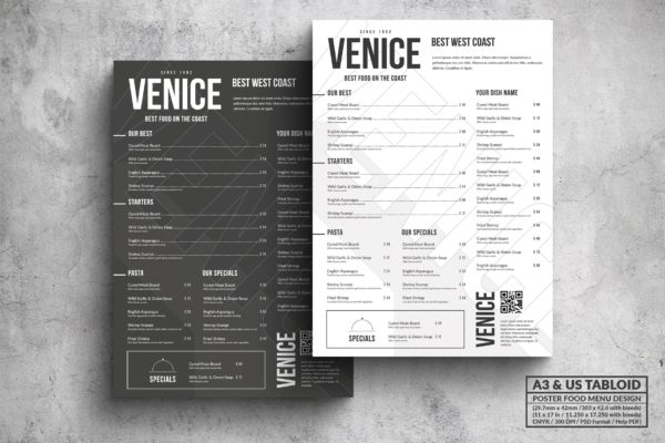 极简设计风格西餐菜单海报PSD素材素材天下精选模板 Venice Minimal Food Menu &#8211; A3 &amp; US Tabloid Poster