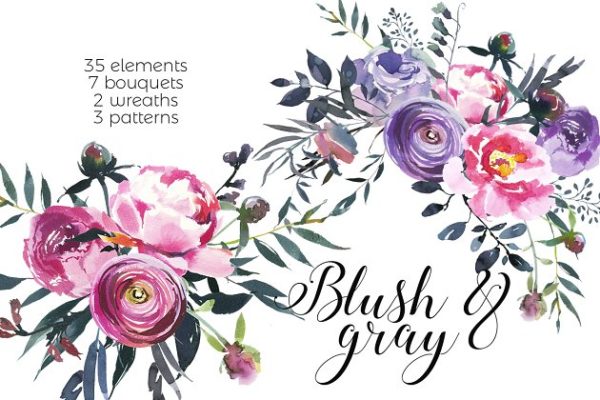 腮红和灰色水彩花卉插画 Blush &amp; Gray Watercolor Flowers