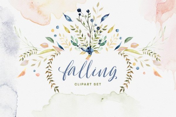水彩花卉剪贴画合集[对象、花环&amp;纹理] Falling Watercolor Clipart Bundle