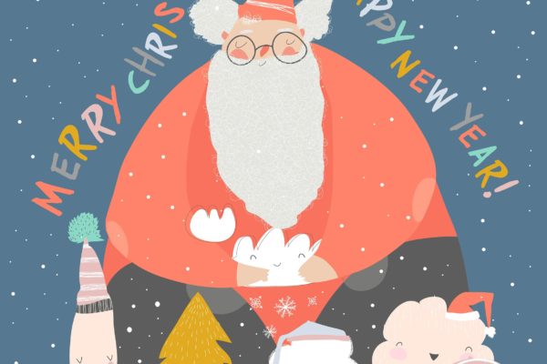 圣诞老人主题矢量手绘插画 Funny Santa Claus with winter trees. Vector illust