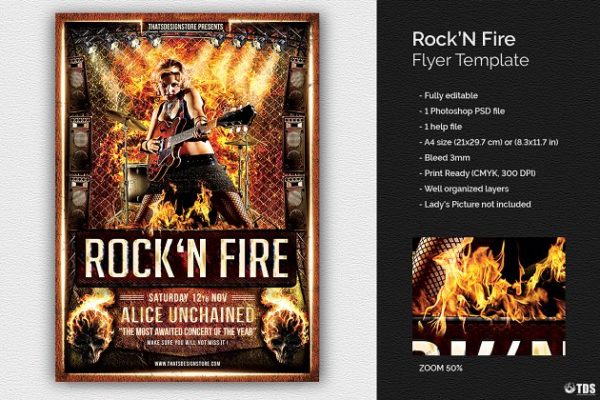热血沸腾摇滚音乐活动海报传单设计PSD模板 Rock&#8217;N Fire Live Flyer PSD
