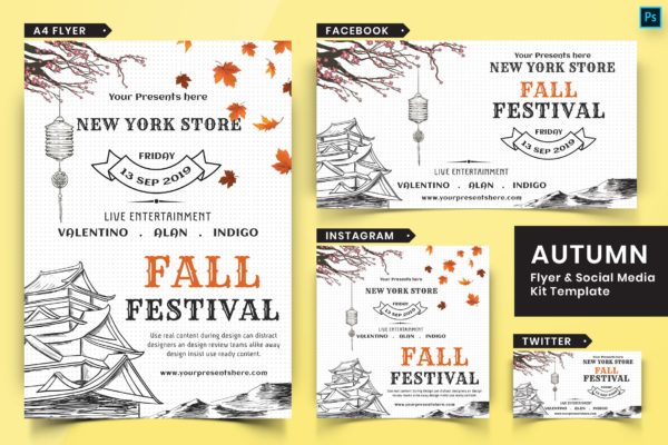 秋天节日主题传单&amp;社交媒体设计素材包05 Autumn Festival Flyer &amp; Social Media Pack-05