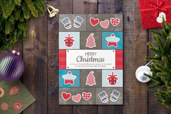 方格拼凑设计风格圣诞节贺卡设计模板 Christmas Card Template