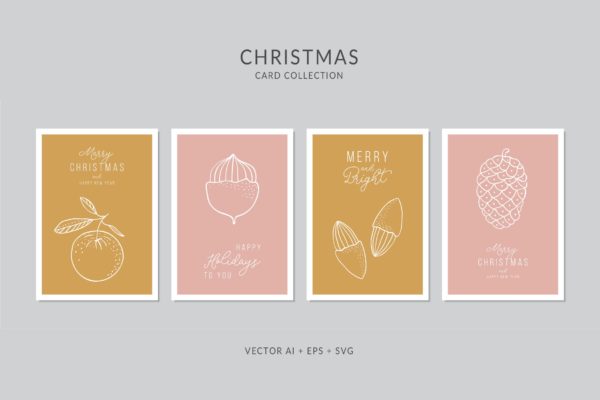圣诞果实简笔画手绘图案圣诞节贺卡模板 Christmas Greeting Card Vector Set