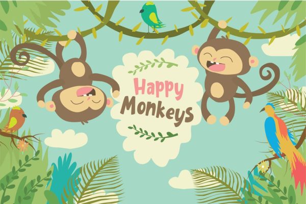 可爱的猴子手绘插画矢量图案素材 Happy Monkeys &#8211; Vector Illustration