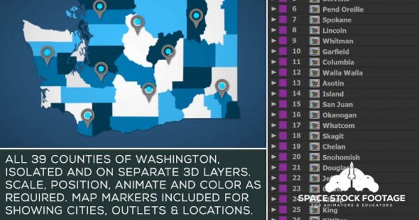 华盛顿地图位置动画AE视频模板 Washington Map Kit