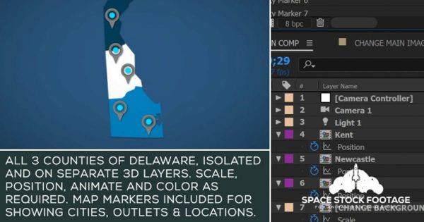 特拉华地图位置动画AE视频模板 Delaware Map Kit