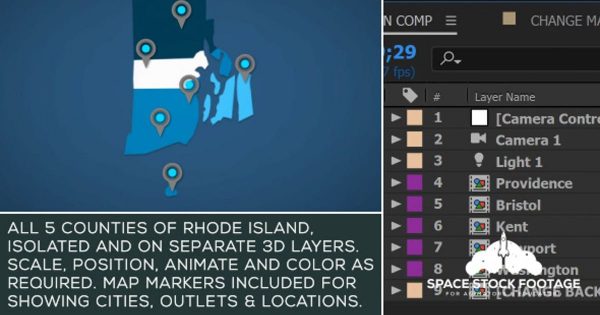 罗德岛地图位置动画AE视频模板 Rhode Island Map Kit