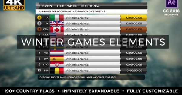 2018届冬季运动会比赛数据跟踪特效亿图网易图库精选AE模板 2018 Winter Games Elements &#8211; Medal Tracker &amp; Event 