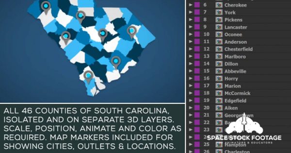 南卡罗来纳州地图位置动画AE视频模板 South Carolina Map Kit