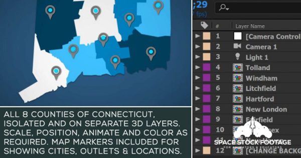 康涅狄格地图位置动画AE视频模板 Connecticut Map Kit