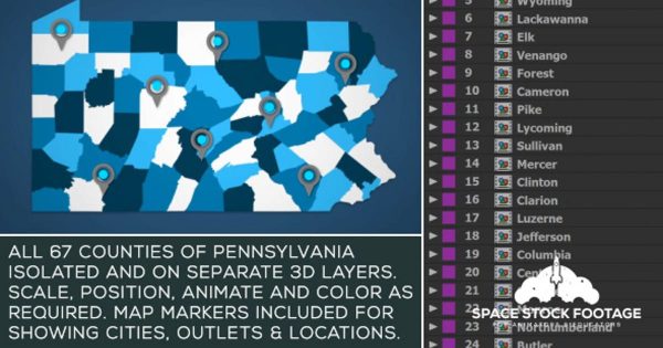 宾夕法尼亚地图位置动画AE视频模板 Pennsylvania Map Kit