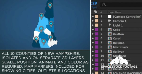 新罕布什尔州地图位置动画AE视频模板 New Hampshire Map Kit
