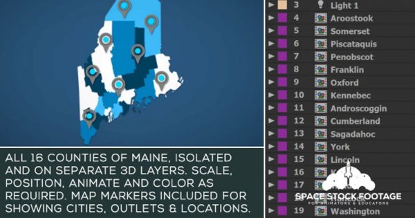 缅因州地图位置动画AE视频模板 Maine Map Kit