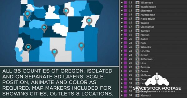 俄勒冈地图位置动画AE视频模板 Oregon Map Kit