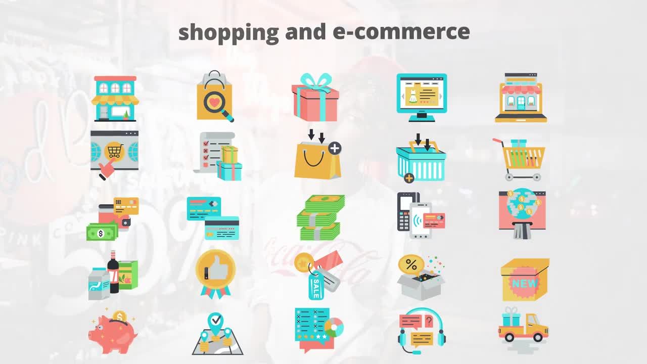 购物和电子商务平面动画图标素材中