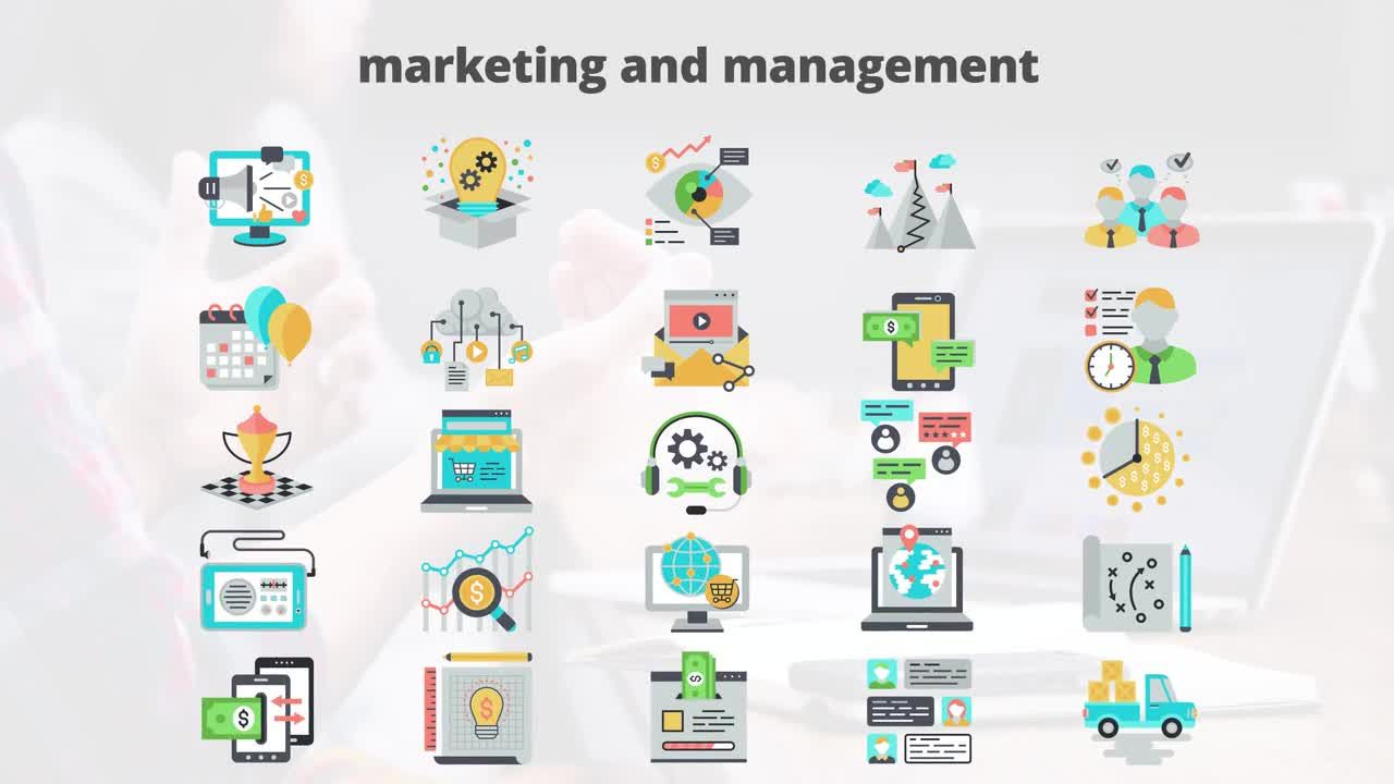 市场营销与管理平面动画图标普