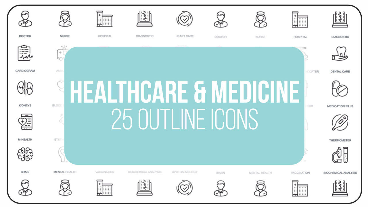 25个整洁优雅创意的医疗保健和医学大纲图标16图库精选AE模板