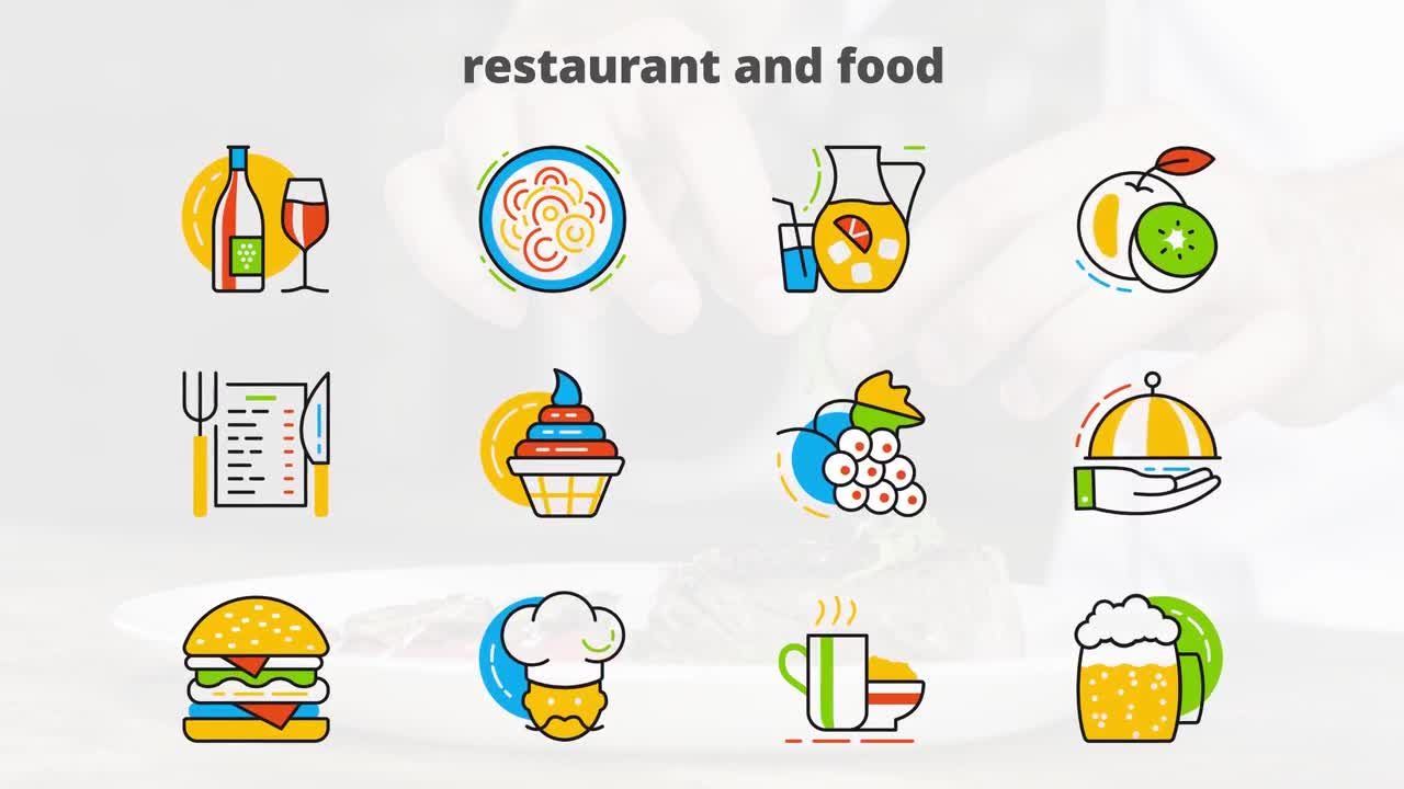 有机动画的餐厅和食品平面图标普贤居精选AE模板