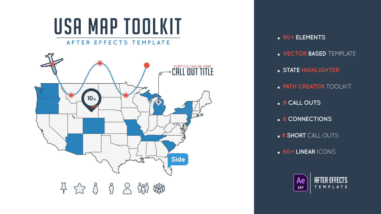 干净创意的美国地图工具箱亿图网易图库精选AE模板