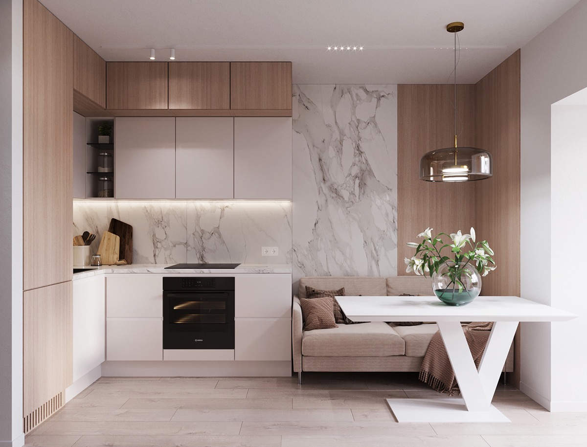 白色大理石和木质装饰营造温馨的现代家居空间